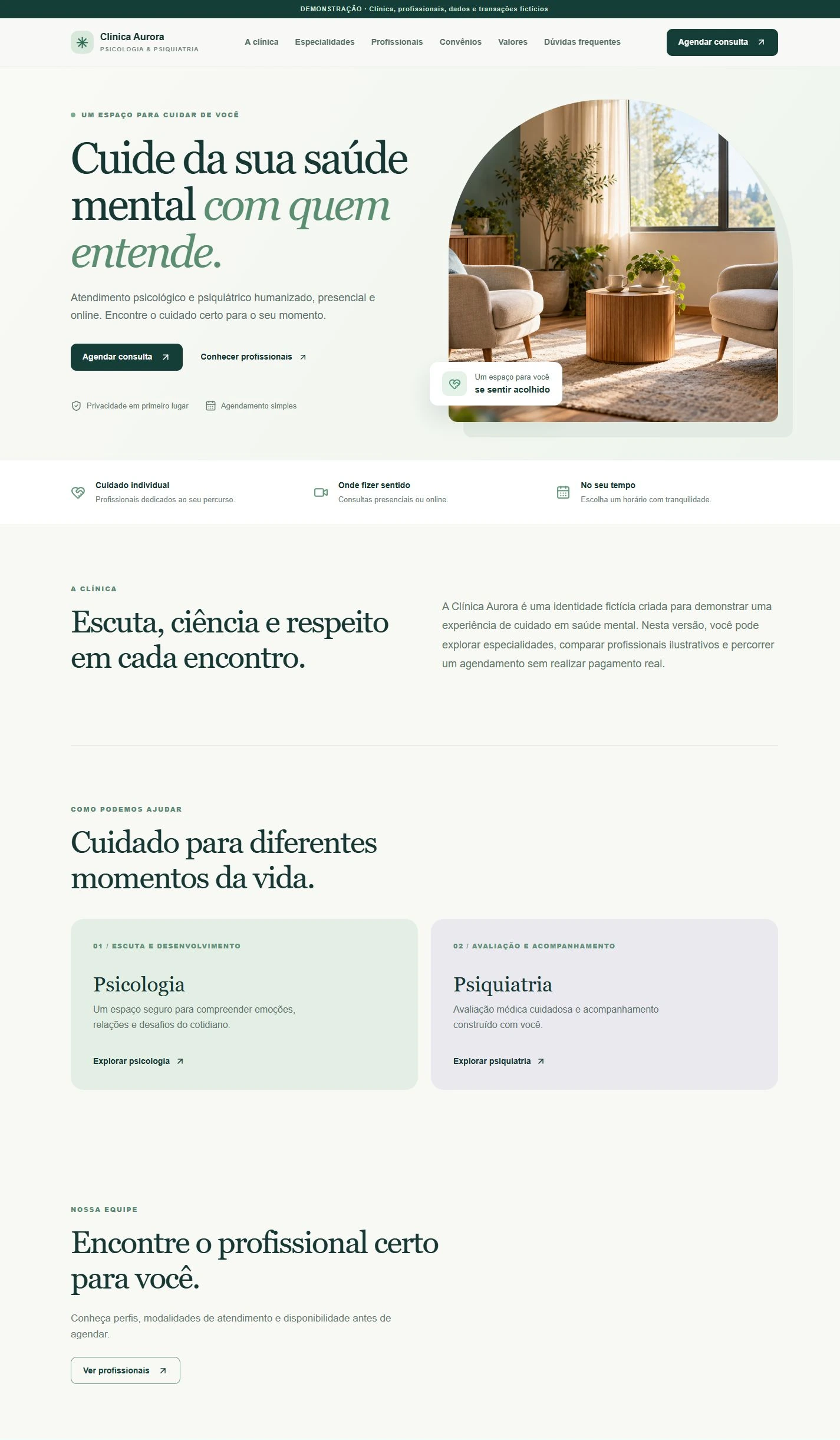 Clínica Aurora: navegação e apresentação Cuide da sua saúde mental com quem entende.