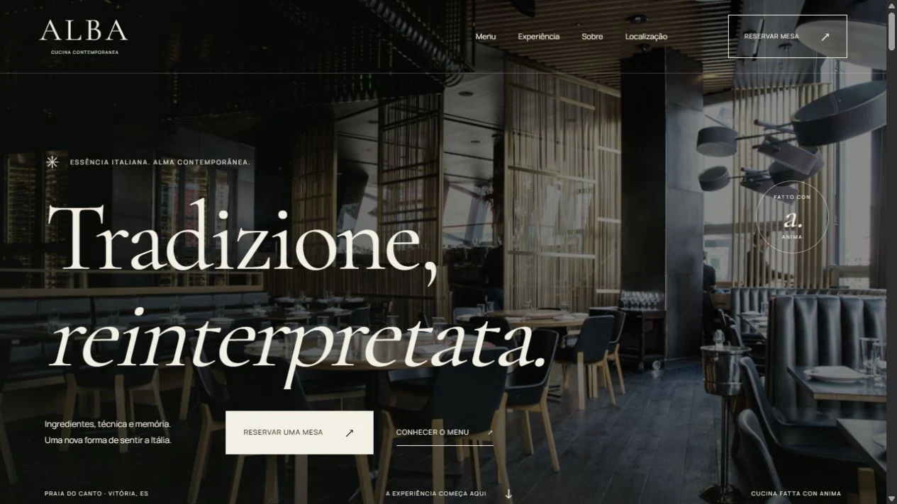Página inicial do Alba, com fotografia do salão, gastronomia italiana e convite para reservar uma mesa.