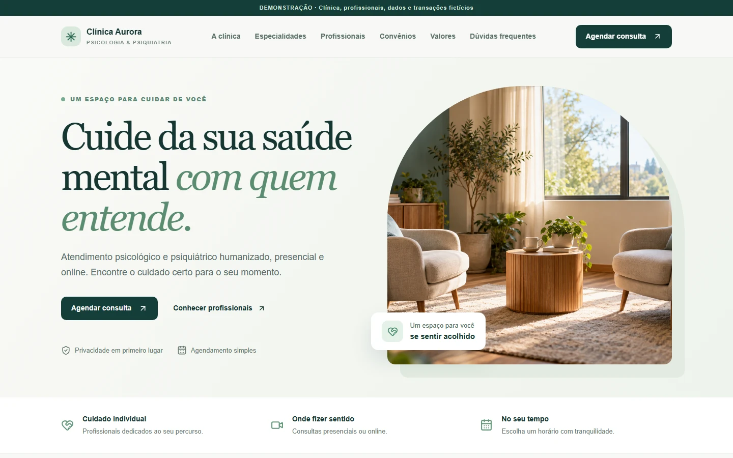 Página inicial da Clínica Aurora, com apresentação de psicologia e psiquiatria e acesso ao agendamento.