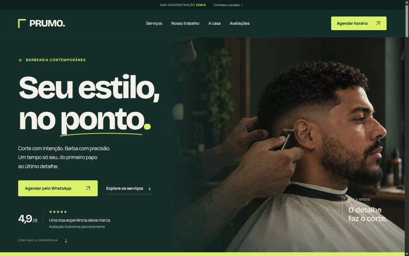 Página inicial da Barbearia PRUMO, com chamada para agendamento e apresentação dos serviços.
