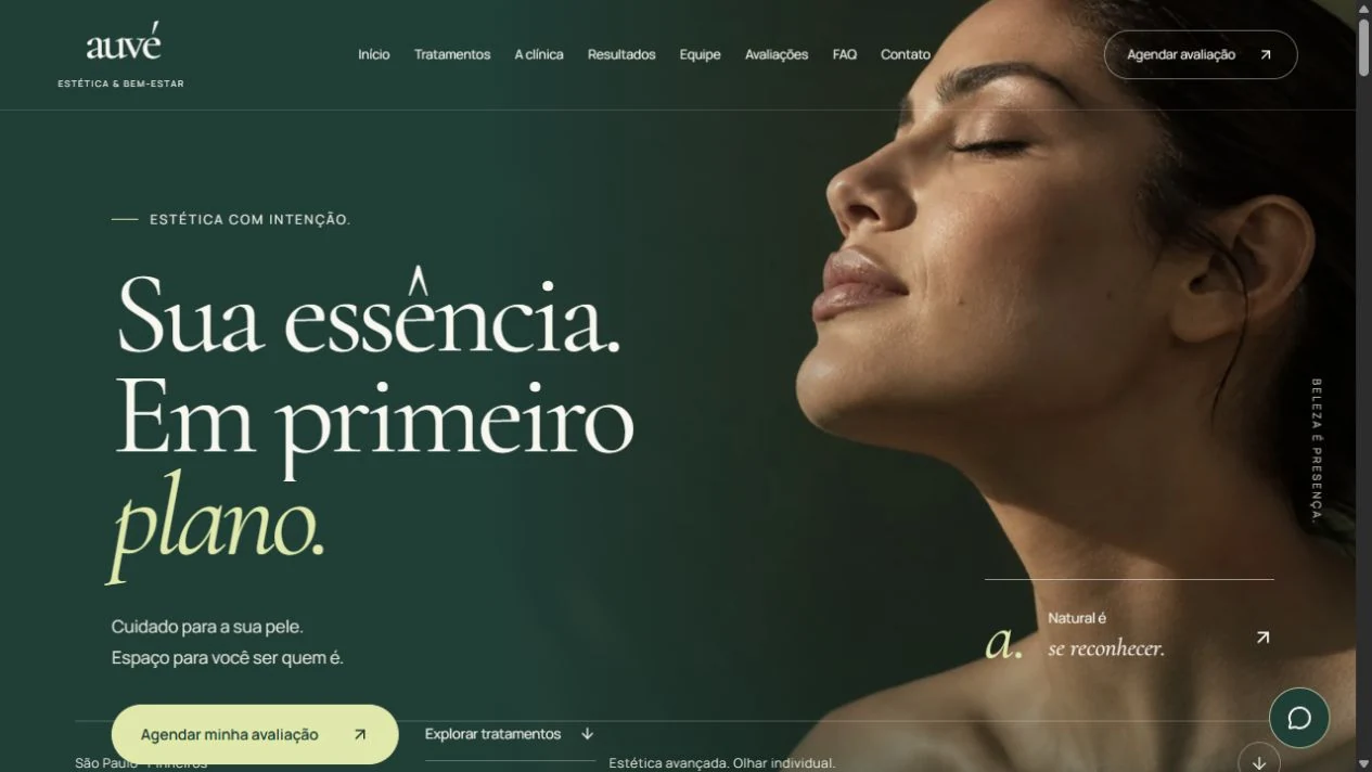 Página inicial da AUVE, com fotografia editorial e apresentação dos tratamentos estéticos.