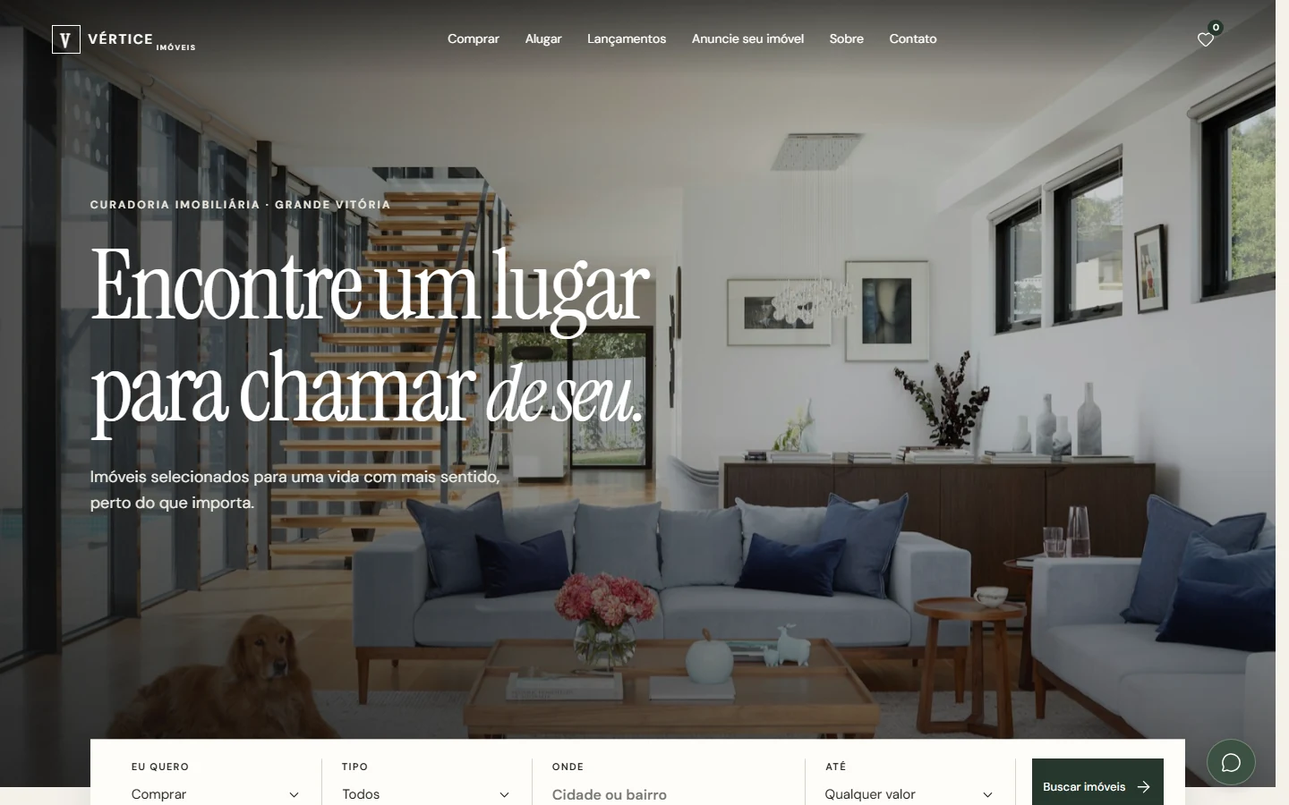 Página inicial do site Vértice Imóveis, com navegação imobiliária, imóvel em destaque e busca.